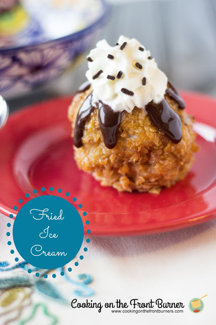 Mexican Fried Ice Cream red plated topped with fried ice cream