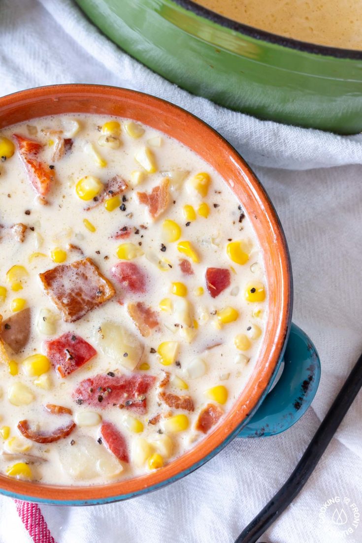 Easy Fresh Corn Chowder with Bacon Cooking on the Front Burner