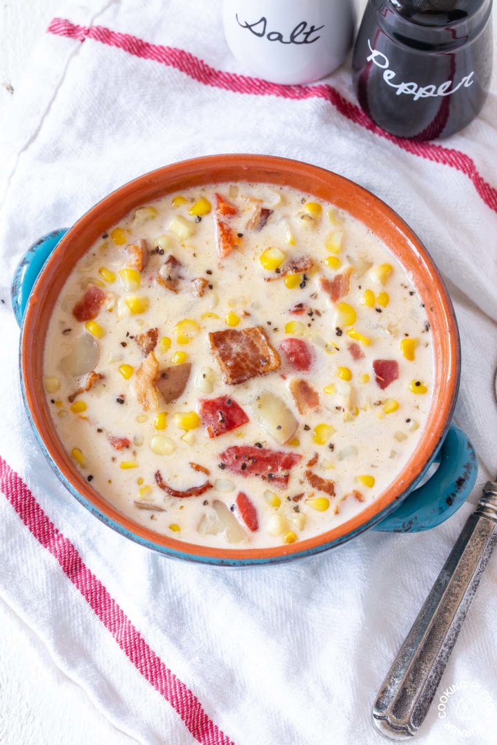 Easy Fresh Corn Chowder with Bacon Cooking on the Front Burner