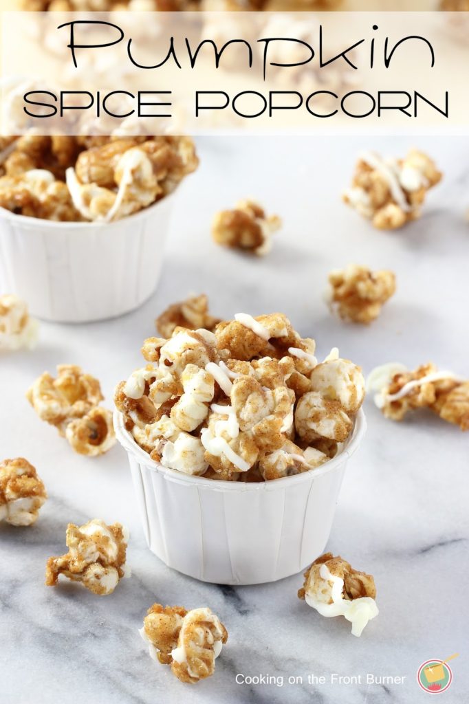 You will love this homemade caramelized popcorn made with pumpkin spice and drizzled with white chocolate Pumpkin Spice Popcorn |Cooking on the Front Burner