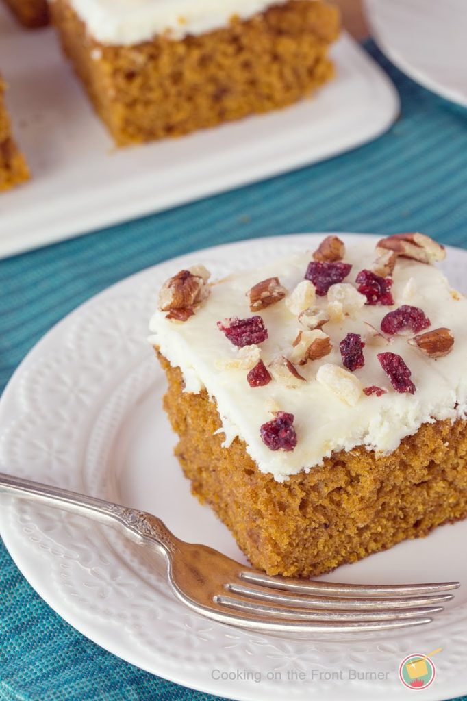 The best pumpkin spice cake with a white chocolate cream cheese frosting | Cooking on the Front Burner