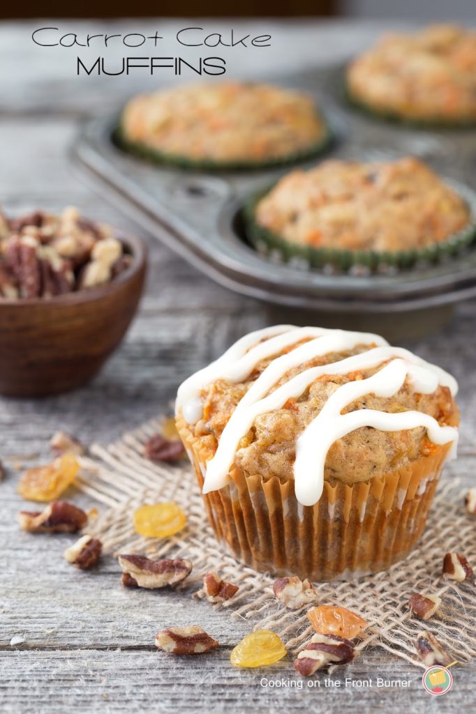 Your favorite carrot cake in a muffin form with raisins, toasted pecan and cream cheese glaze, Carrot Cake Muffins with Crem Cheese Glaze
