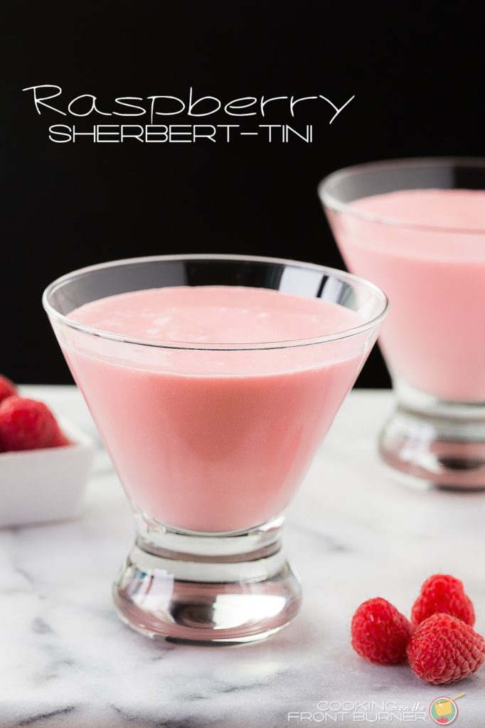 A creamy and refeshing raspberry drink with a bit of raspberry alcohol. Perfect as a spring or summer sipping drink! Raspberry Sherbert-tini | Cooking on the Front Burner