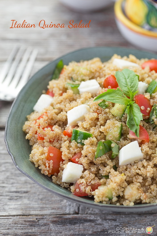 A very satisfying and tasty salad with quinoa, tomatoes, cucumbers, mozzarella cheese and fresh basil. Pack this on in the picnic basket! Italian Quinoa Salad | Cooking on the Front Burner