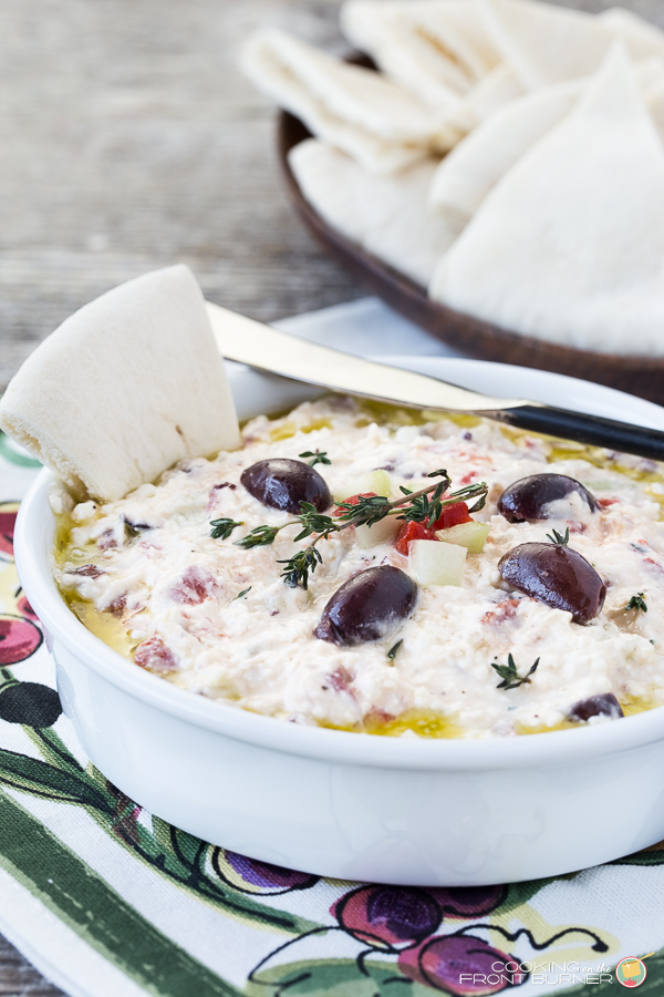 Enjoy this Mediterranean flavored dip with feta cheese, roasted red peppers, cucumber, garlic and thyme at your next gathering Mediterranean Feta Dip | Cooking on the Front Burner