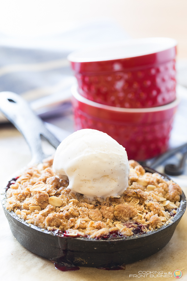 You will love these individual cherry crisps made with fresh cherries and topped with vanilla ice cream. Fresh Cherry Crisp a la mode | Cooking on the Front Burner
