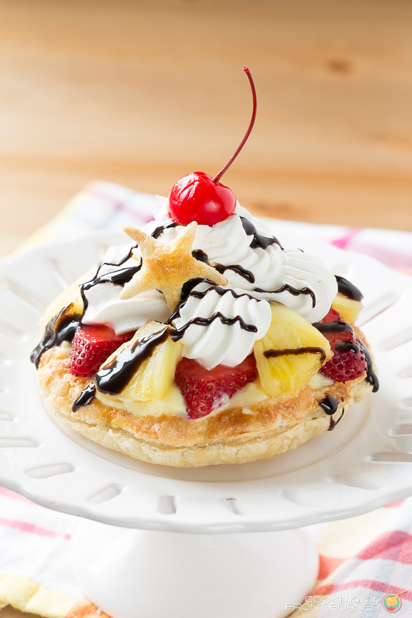 banana split pastry on a white plate