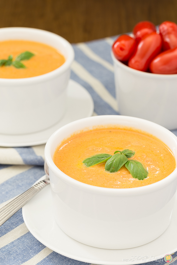 Make your own Tomato Basil soup with fresh ingredients that you can find at your local Farmer's Market. Homemade Tomato Basil Soup | Cooking on the Front Burner