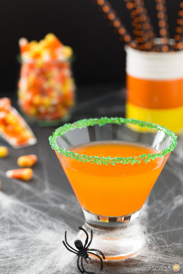 Happy Halloween with this adult candy corn infused martini! It's a treat and no trick! Candy Corn Martini | Cooking on the Front Burner