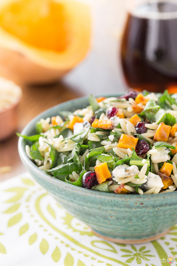 You will love this fall lighter salad with roasted butternut squash, spinach, orzo, craisins and gorgonzola cheese topped with a creamy maple vinaigrette.