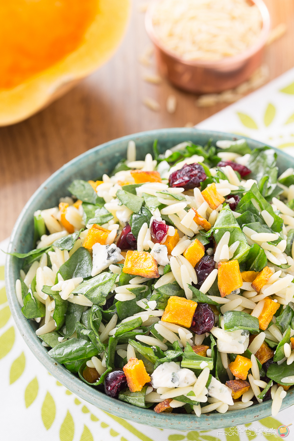 You will love this fall lighter salad with roasted butternut squash, spinach, orzo, craisins and gorgonzola cheese topped with a creamy maple vinaigrette.