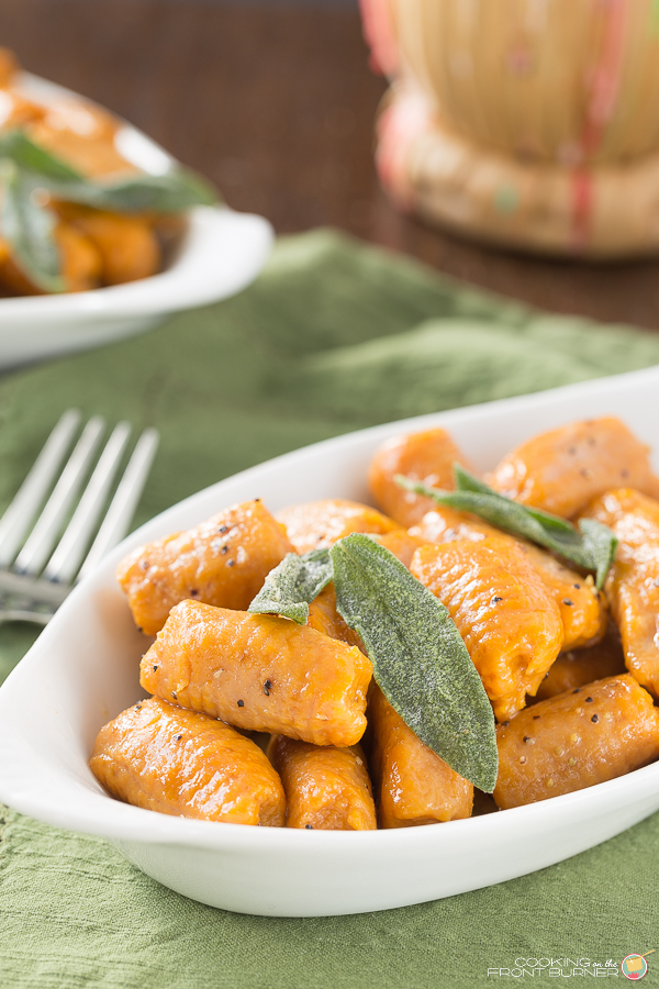 Enjoy this recipe of little savory pillows of pumpkin in a browned butter sauce with crispy sage. Pumpkin Gnocchis | Cooking on the Front Burner