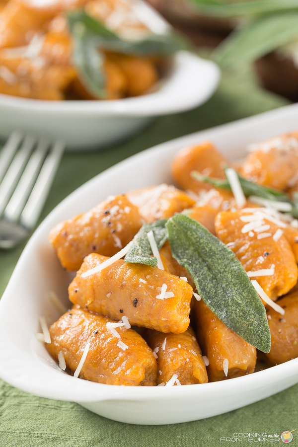Enjoy this recipe of little savory pillows of pumpkin in a browned butter sauce with crispy sage. Pumpkin Gnocchis | Cooking on the Front Burner