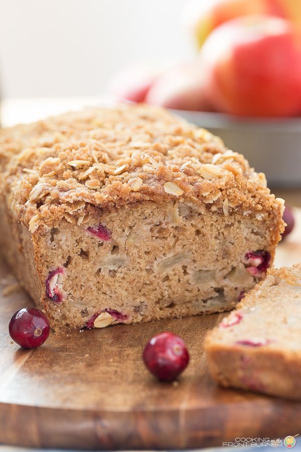 You will love this moist, quick bread of apples,fresh cranberries and streusel. Perfect for holiday breakfast or any time! Apple Cranberry Bread with Streusel | Cooking on the Front Burner