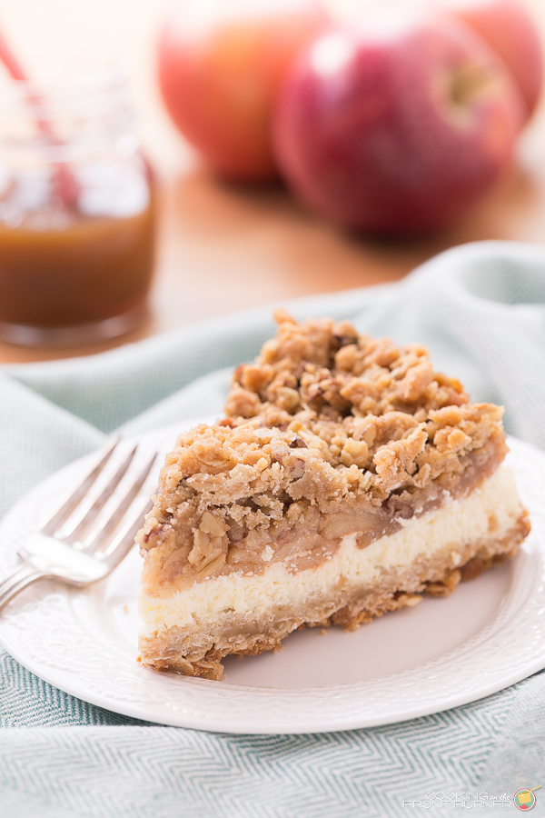 This Apple Crisp Cheesecake is creamy with that crunchy topping we all love! Great recipe to have on hand! Apple Crisp Cheesecake | Cooking on the Front Burner