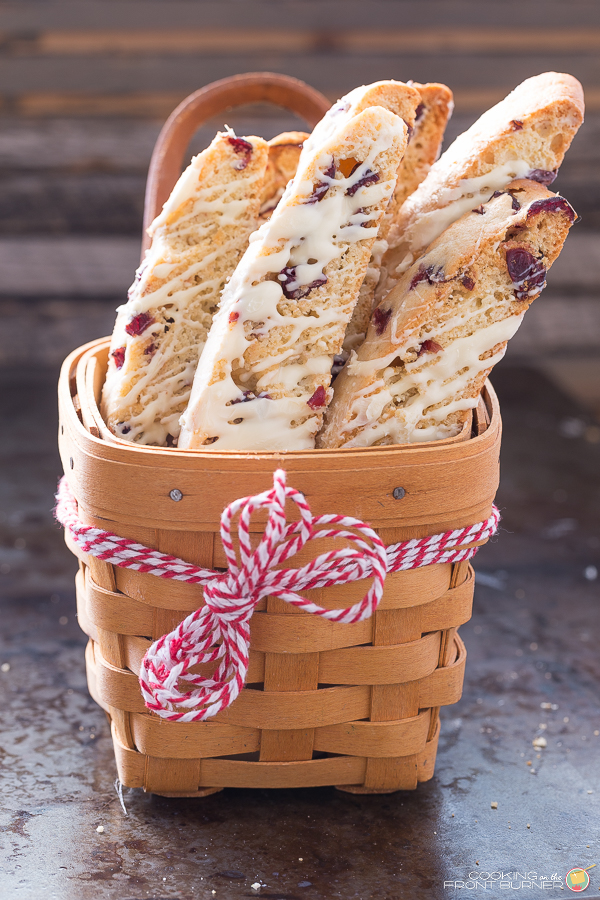 orange cranberry biscotti in a small basket