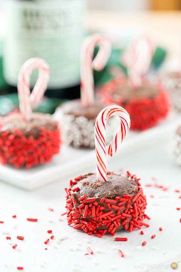 These fun bite sized brownies are easy to make and have the best chocolate frosting! Minty Brownie Bites | Cooking on the Front Burner