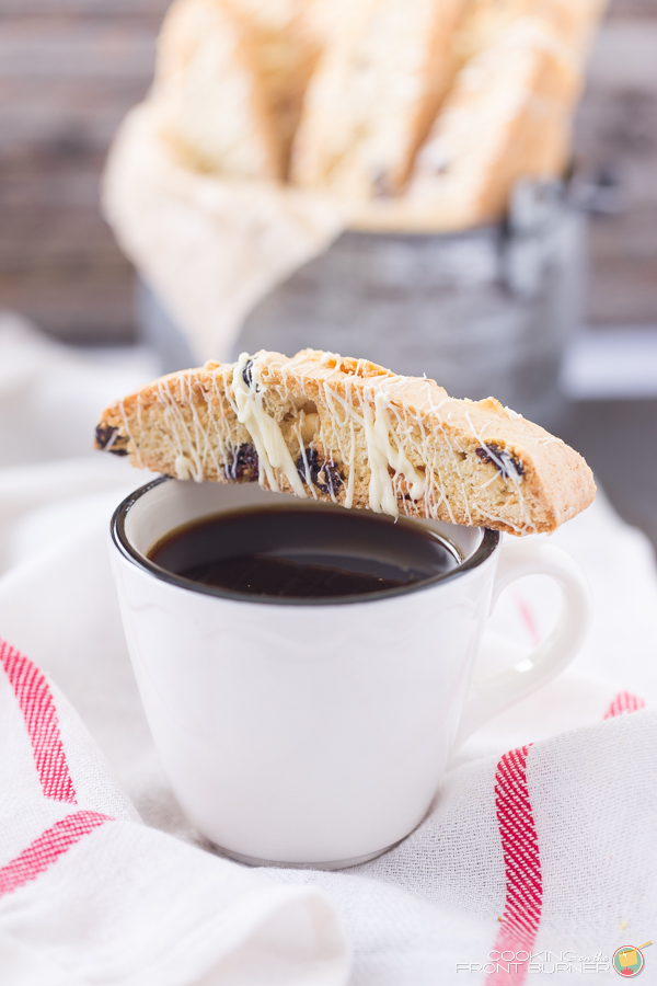 Take a break and enjoy this White Chocolate Cherry Almond Biscotti with your morning coffee! White Chocolate Cherry Almond Biscotti | Cooking on the Front Burner