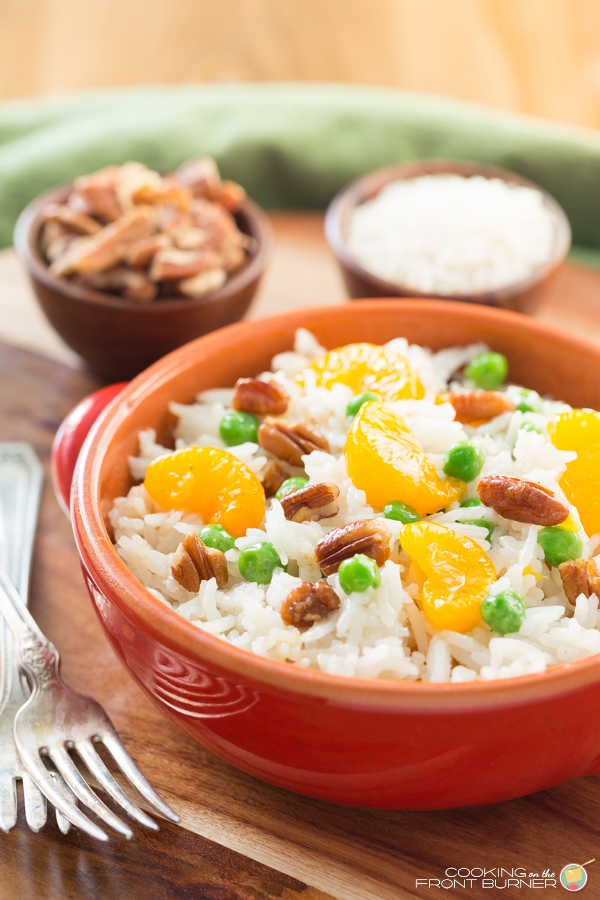 A flavorful side dish with sweet Basmati Rice, crunchy pecans, peas and oranges. A great side dish! Pecan Orange Basmati Rice Dish | Cooking on the Front Burner
