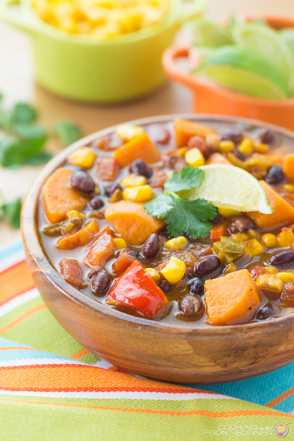 Keep warm and healthy with this Sweet Potato and Black Bean soup recipe! Amazing flavors and a bit of spice! Sweet Potato & Black Bean Soup | Cooking on the Front Burner