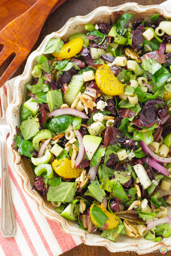 Stop looking for the perfect salad! You have found it - loaded with crunchy almonds, celery, craisins, bleu cheese, oranges, pasta and a creamy poppy seed dressing! It's the best!!! Apple Almond Poppy Seed Salad | Cooking on the Front Burner