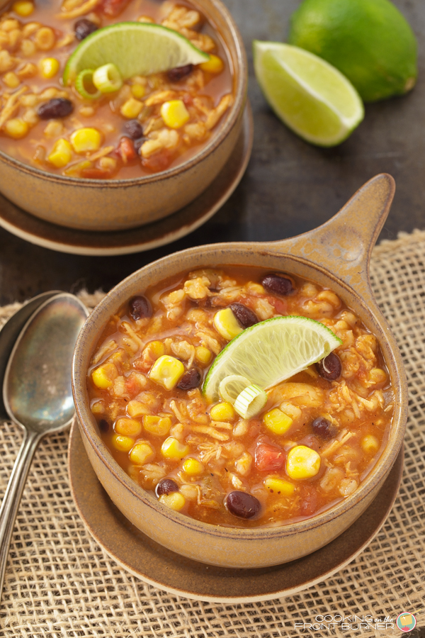 This Southwest Chicken Barley soup recipe is chocked full of wonderful ingredients and makes a great comfort dish! Southwest Chicken Barley Soup | Cooking on the Front Burner