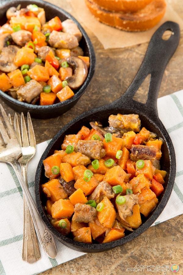 Sweet Potato and Sausage Hash is a tasty side dish for any breakfast or brunch! Sweet Potato and Sausage Hash | Cooking on the Front Burner