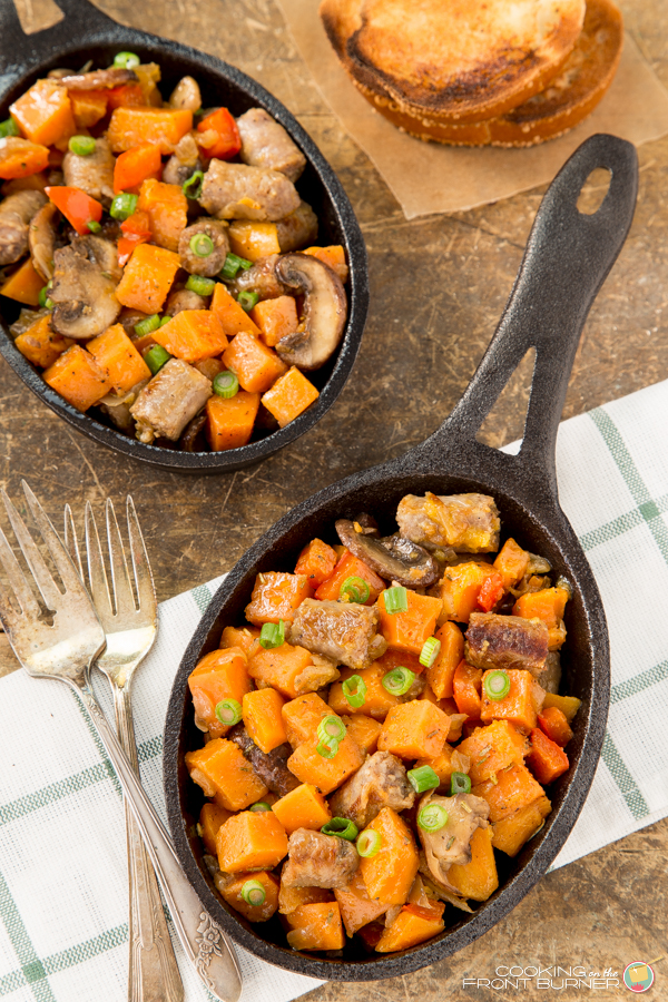 Sweet Potato and Sausage Hash is a tasty side dish for any breakfast or brunch! Sweet Potato and Sausage Hash | Cooking on the Front Burner