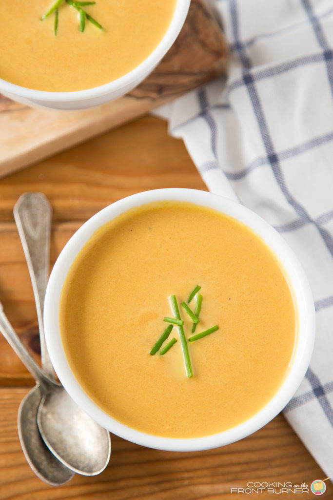 You will love how easy this carrot and ginger soup recipe is! Wonderful flavor, creamy texture and did I mention easy (again)!!! Easy Carrot and Ginger Soup | Cooking on the Front Burner
