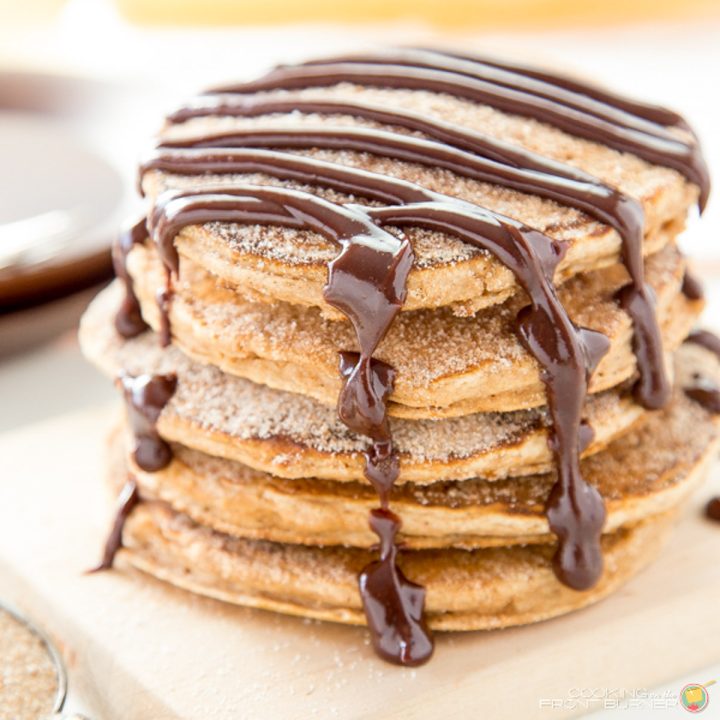 CHURRO PANCAKES WITH SPICY CHOCOLATE SAUCE