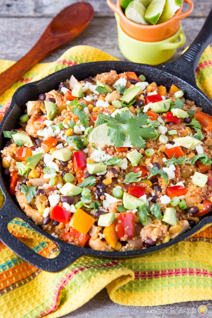 Mexican Quinoa Dinner image This Mexican Quinoa Skillet Dinner recipe is full of fresh, flavorful ingredients. A one pan meal in about 35 minutes! | Cooking on the Front Burner
