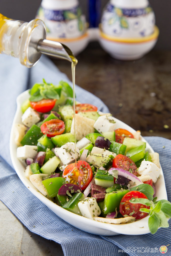 You will love this super fresh and tasty Chopped Greek Panzanella Salad recipe! Make a double batch! Chopped Greek Panzanella Salad | Cooking on the Front Burner
