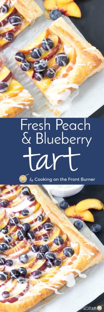 This delightful recipe is a light and flaky puffed pastry topped with fresh peaches, blueberries and creamy vanilla glaze.