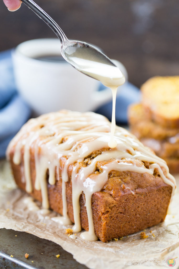 easy pumpkin banana nut quick bread with a drizzle of maple glaze