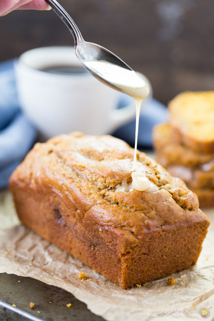 easy pumpkin banana nut quick bread with maple glaze