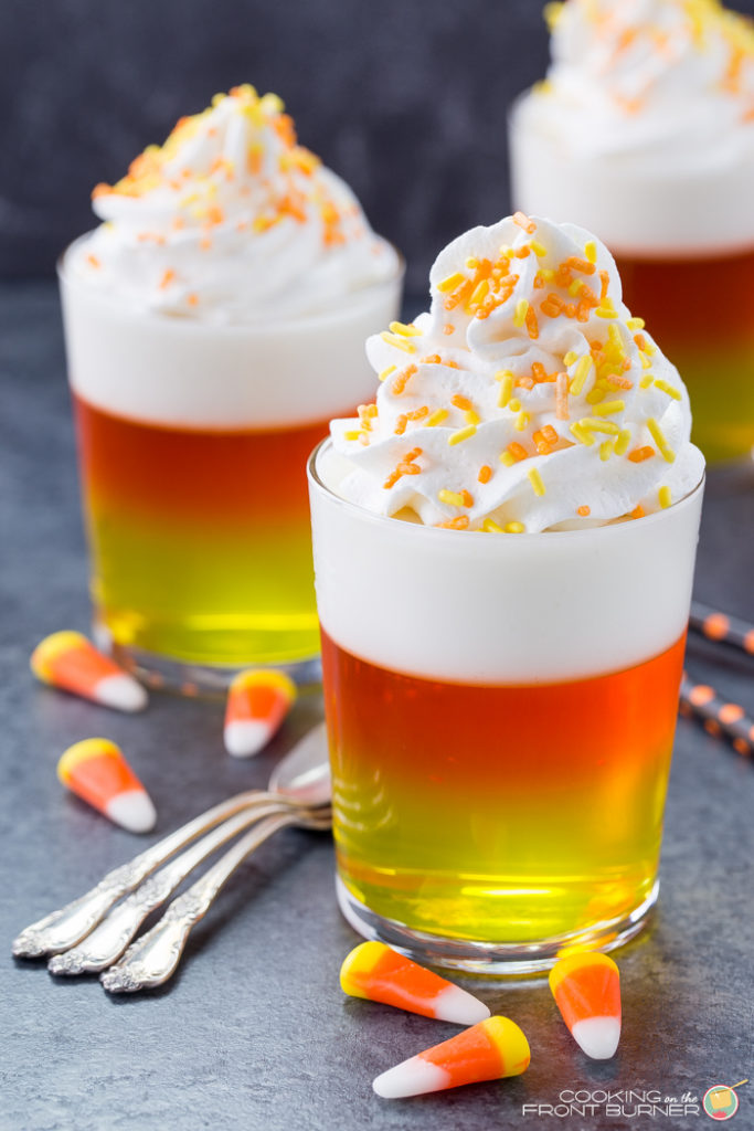 These candy corn jello cups are a light snack perfect for a Halloween party or an after school snack!