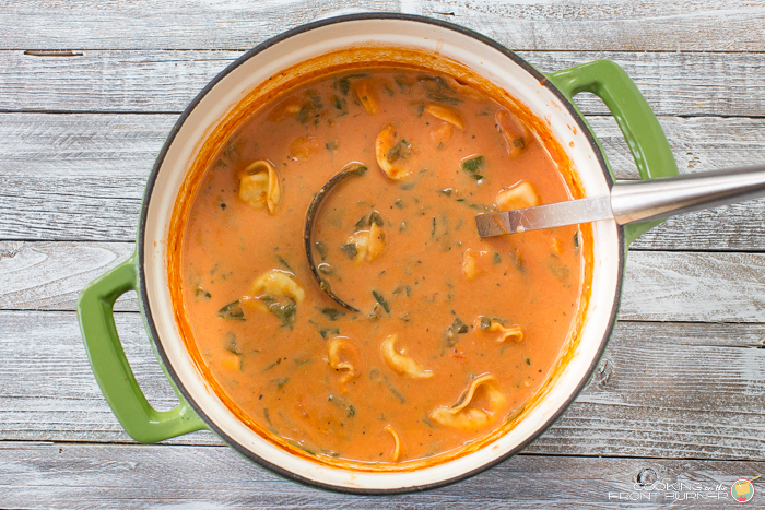 Creamy Tomato Spinach Tortellini soup comes together in under 30 minutes and is pure comfort in a bowl! A quick and easy dinner recipe.