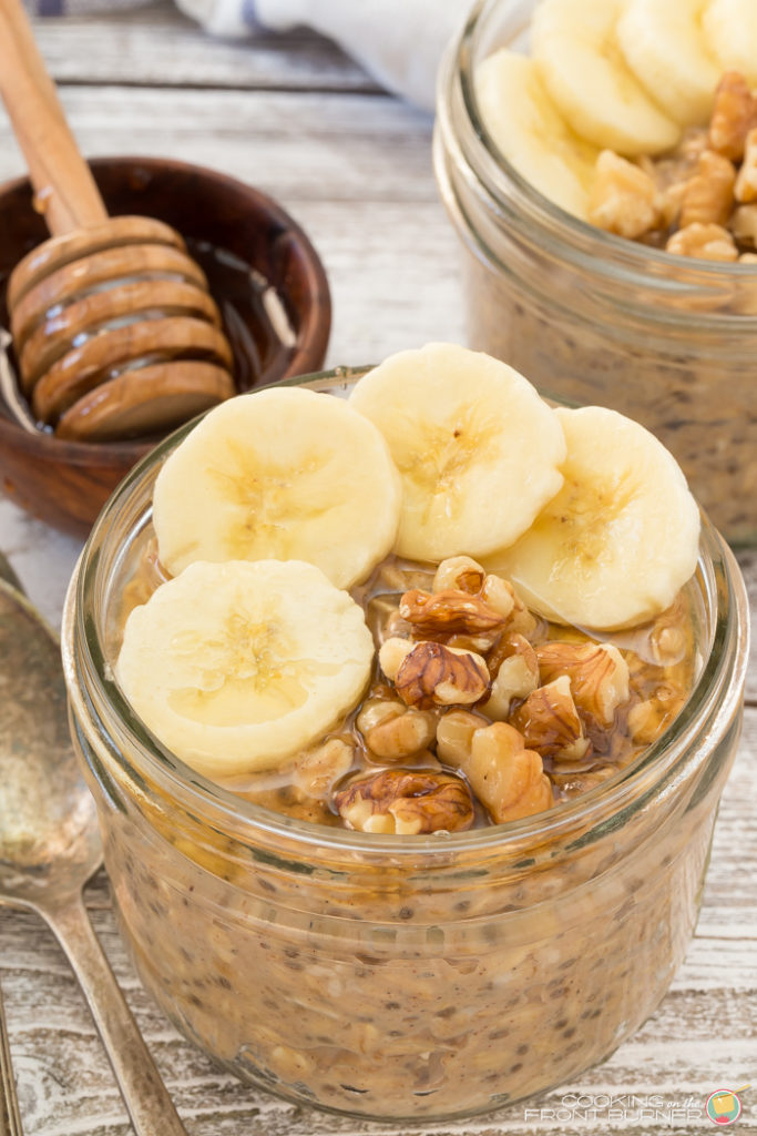 Get out of bed sleepy head and enjoy this Banana Peanut Butter oatmeal you made the night before! Also made with chia seeds, honey and walnuts so it's a healthy breakfast.