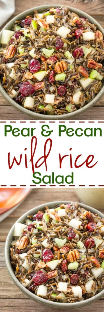 This Wild Rice salad is loaded with juicy pears, crunchy pecans, sweet craisins and is melded together with a honey vinaigrette dressing.