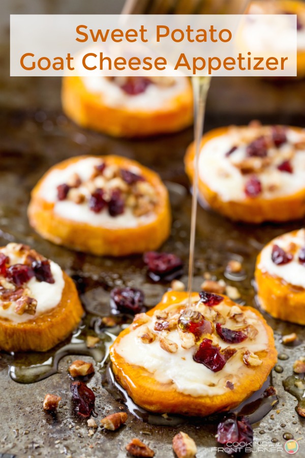Jazz up your holiday table with these Sweet Potato and Goat Cheese Rounds that are topped with craisins, pecans and drizzled with honey! Sure to become a family favorite! #appetizer #thanksgiving #sweetpotato #honey #goatcheese