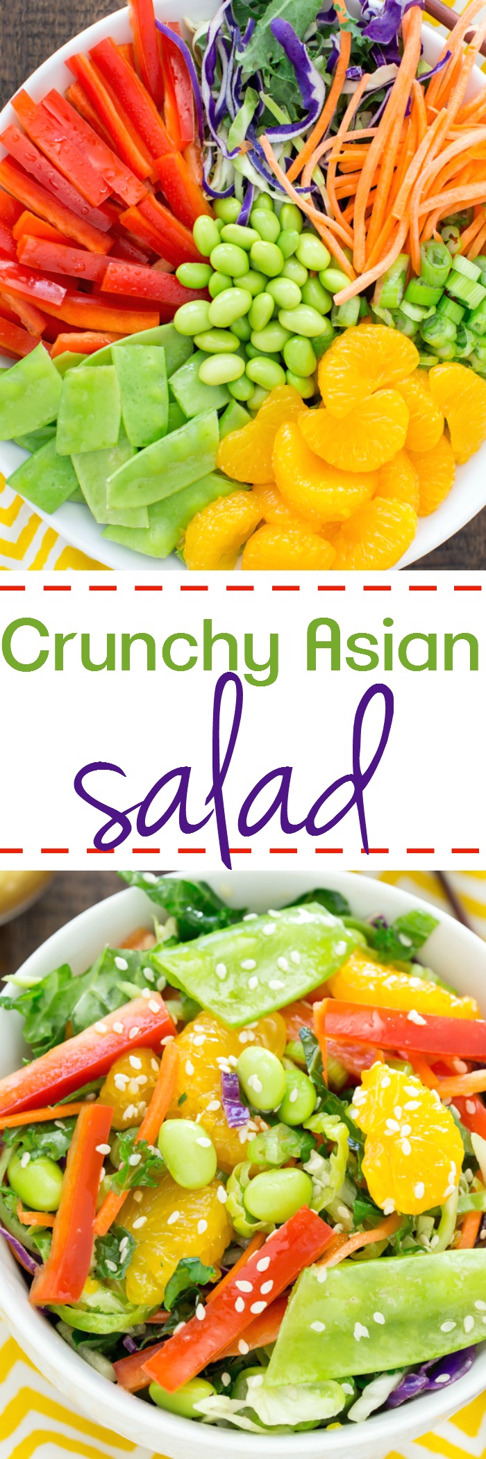 Crunchy Asian Salad is a flavor explosion in your mouth with red peppers, carrots, snow peas, edamame, and sweet oranges nestled on a kale broccoli mixture, drizzled with a sesame ginger dressing.