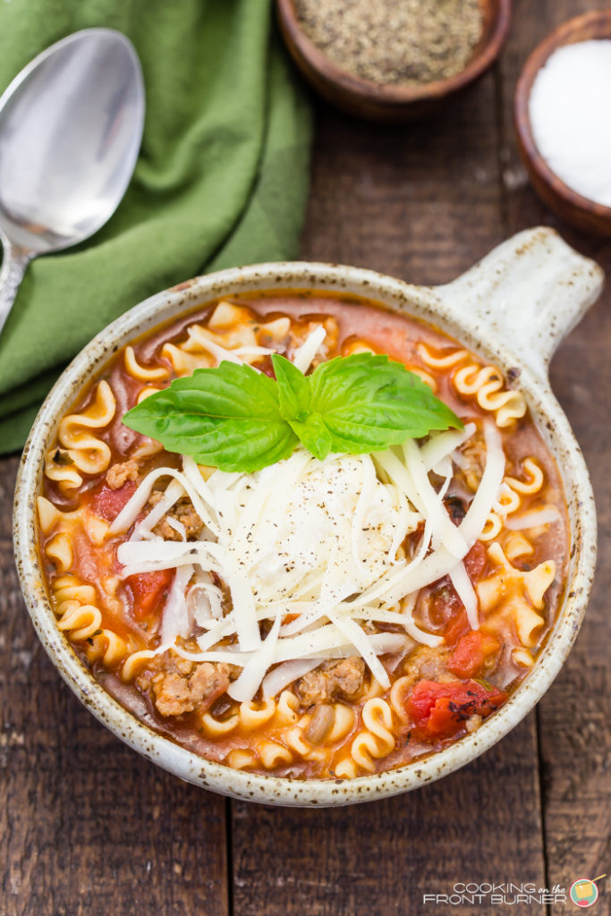 one pot lasagna soup image One pot lasagna soup is the perfect quick and easy dinner recipe. If you love lasagna, you will love this soup.