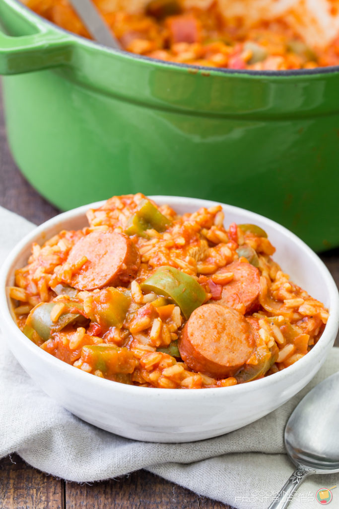 easy one pot jambalaya image Easy one pot jambalaya comes together quickly and is a classic Louisiana dish. This jambalaya recipe is full of flavor, with chicken, sausage, rice and the right amount of spice!