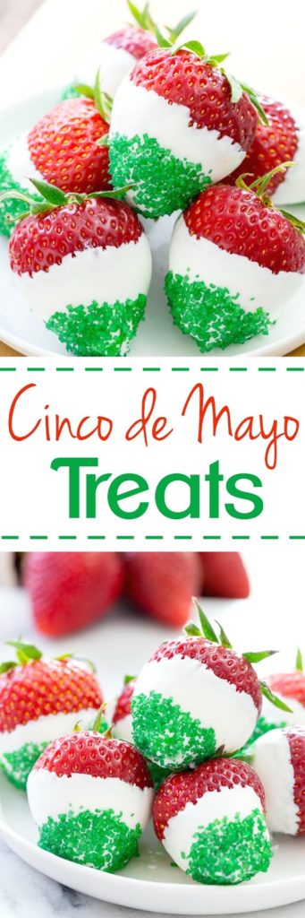 These juicy strawberries are all decked out for Cinco de Mayo. They are dipped in white chocolate and jazzed up with green sprinkles! White Chocolate Dipped Strawberries - Cinco do Mayo Style