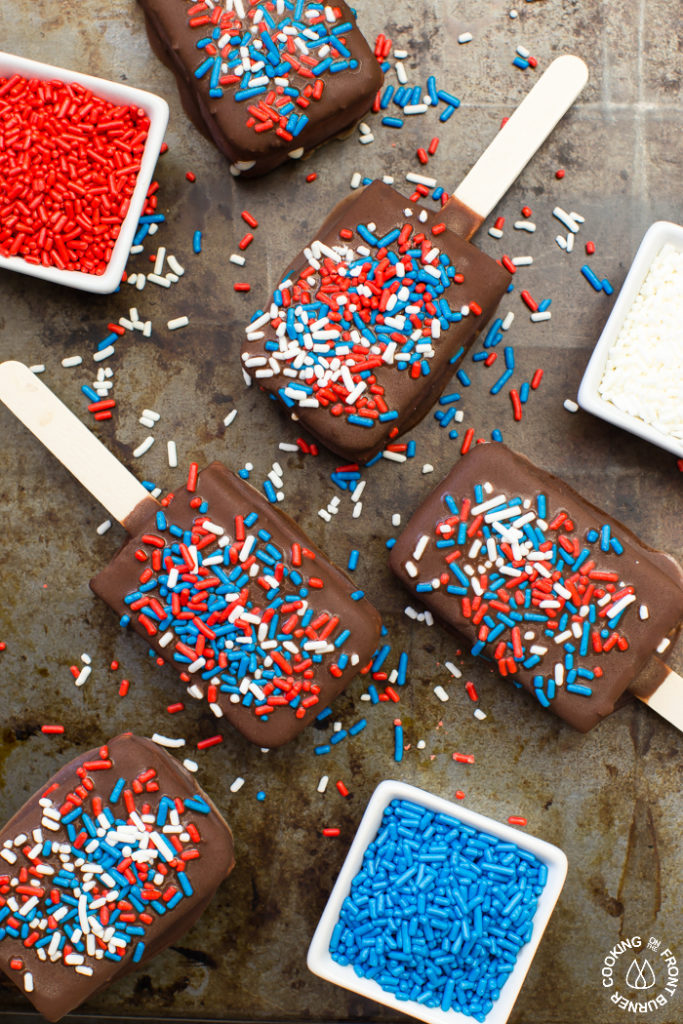 Mini Patriotic Ice Cream Sandwiches with homemade Magic Shell topping