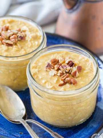 close up of two overnight oatmeals in a jar