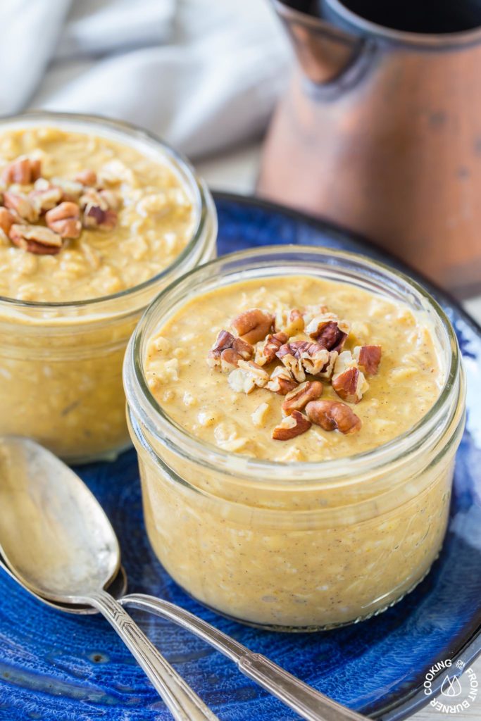 close up of two overnight oatmeals in a jar