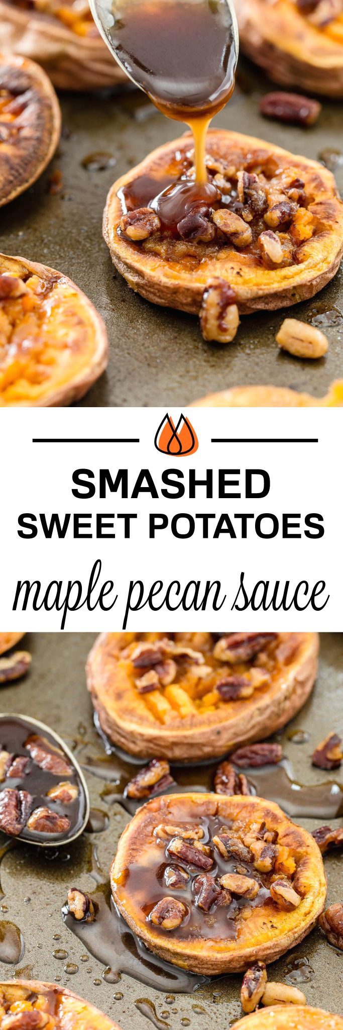Delicious smashed sweet potatoes with maple pecan sauce - great for holidays!