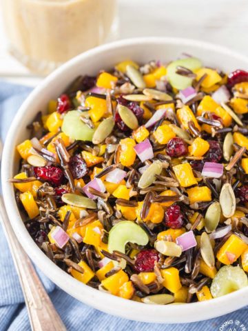 This Butternut Squash and Wild Rice Salad starts with roasted squash and Minnesota wild rice then tossed with crunchy celery, sweet dried cranberries, pumpkins seeds and drizzled with a maple walnut vinaigrette.  Perfect for fall, holidays or any time!