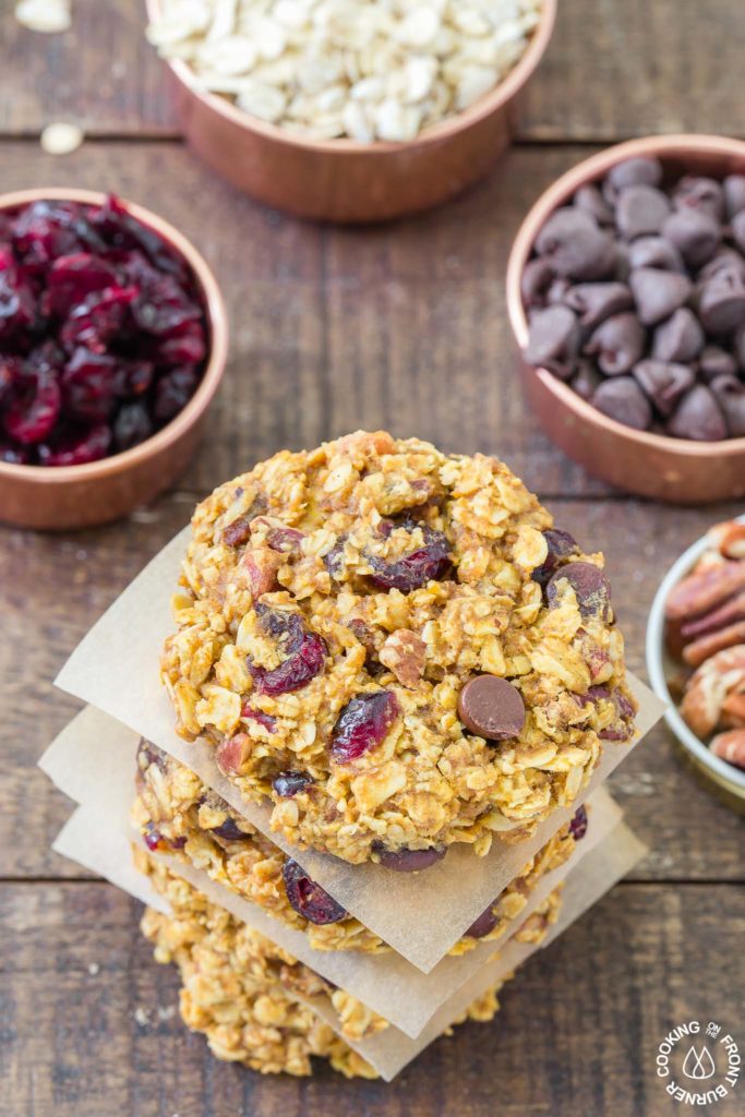 These grab-n-go Pumpkin Oat Breakfast Cookies are easy to make with good for you oats, pumpkin, a bit of chocolate, pecans and dried cranberries.  Make ahead for those times when you are in a hurry but want something healthy to fuel your day!